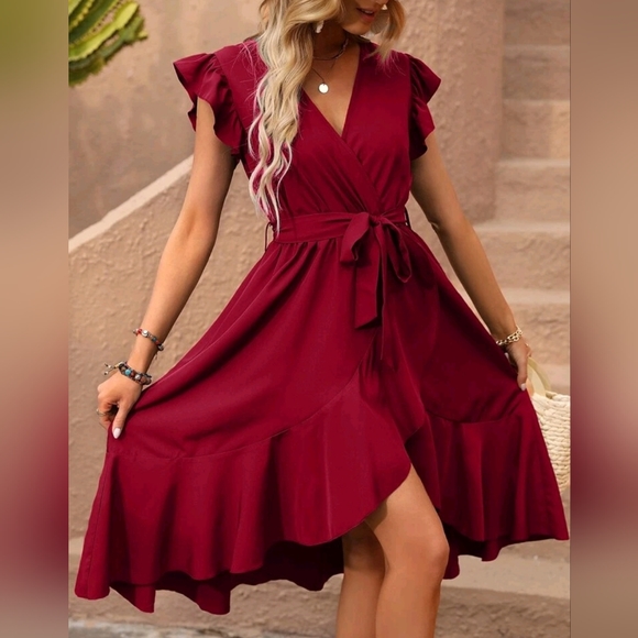 New Boho Ruffle Wrap Dress High Low Burgundy Red - Picture 3 of 8